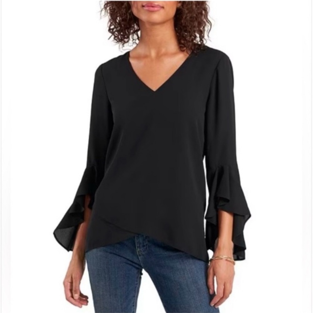 New- 1. STATE Classic Black V-Neck Blouse with Flowing Tapered Sleeves.